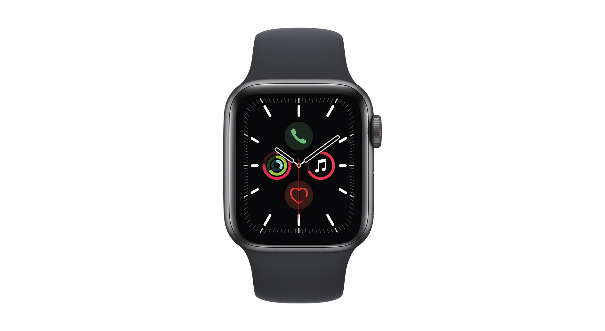 Apple Watch SE i svart med urtavla som visar rörelseringar, grön telefon för att ringa upp, två noter för att lyssna på musik & pulsmätning i form av ett rött hjärta.