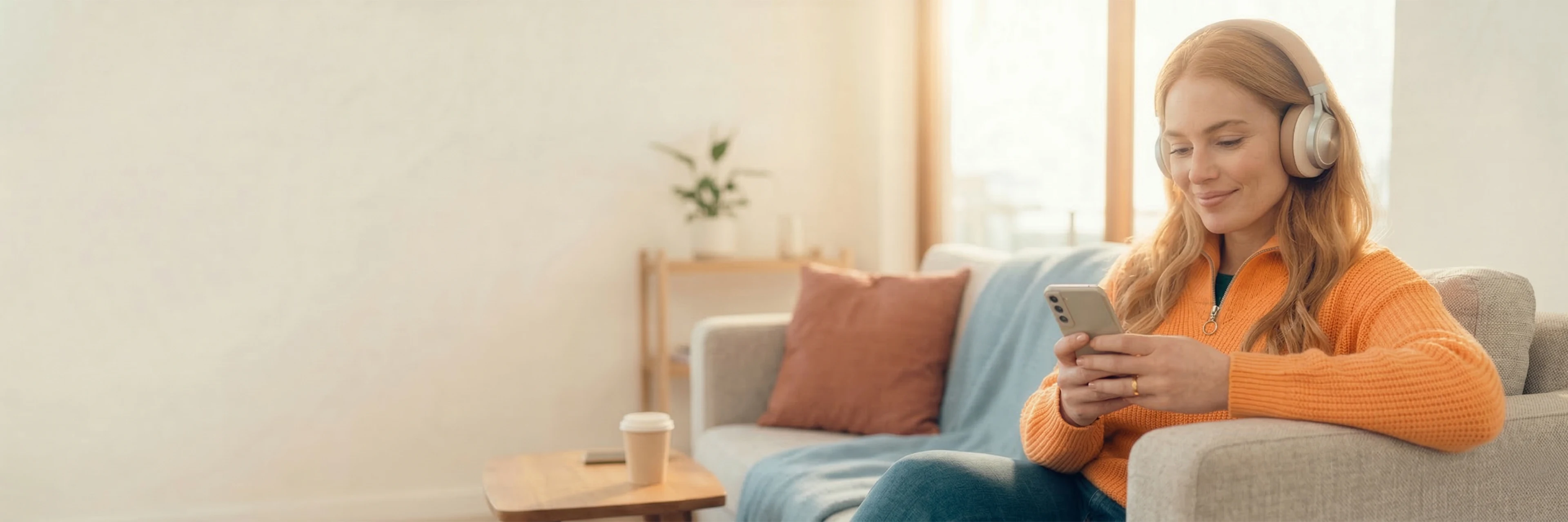 Kvinna i orange tröja med hörlurar sitter på soffa och tittar på sin mobil. Ett bord med kaffekopp syns i förgrunden.