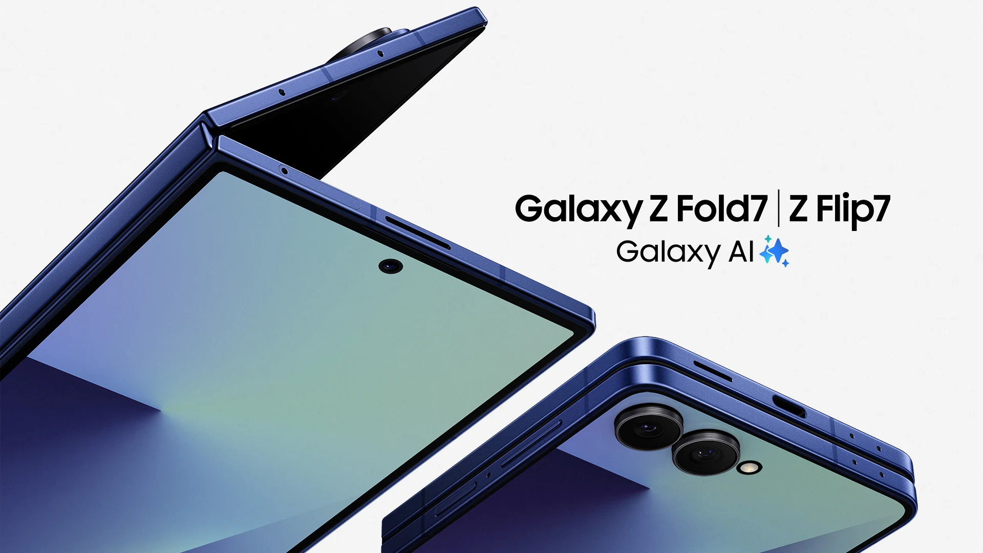 Två blå vikbara smartphones, Galaxy Z Fold7 och Z Flip7, visas mot vit bakgrund med texten Galaxy AI.