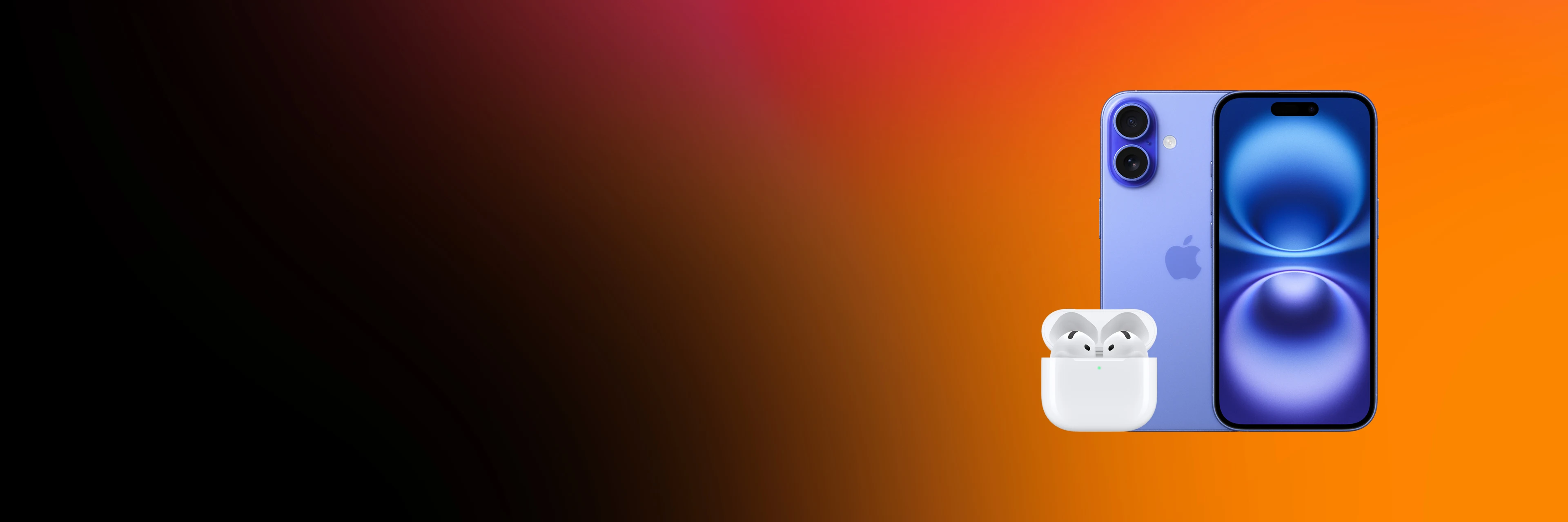 Blå iPhone 16 och vita trådlösa hörlurar på en orange bakgrund.