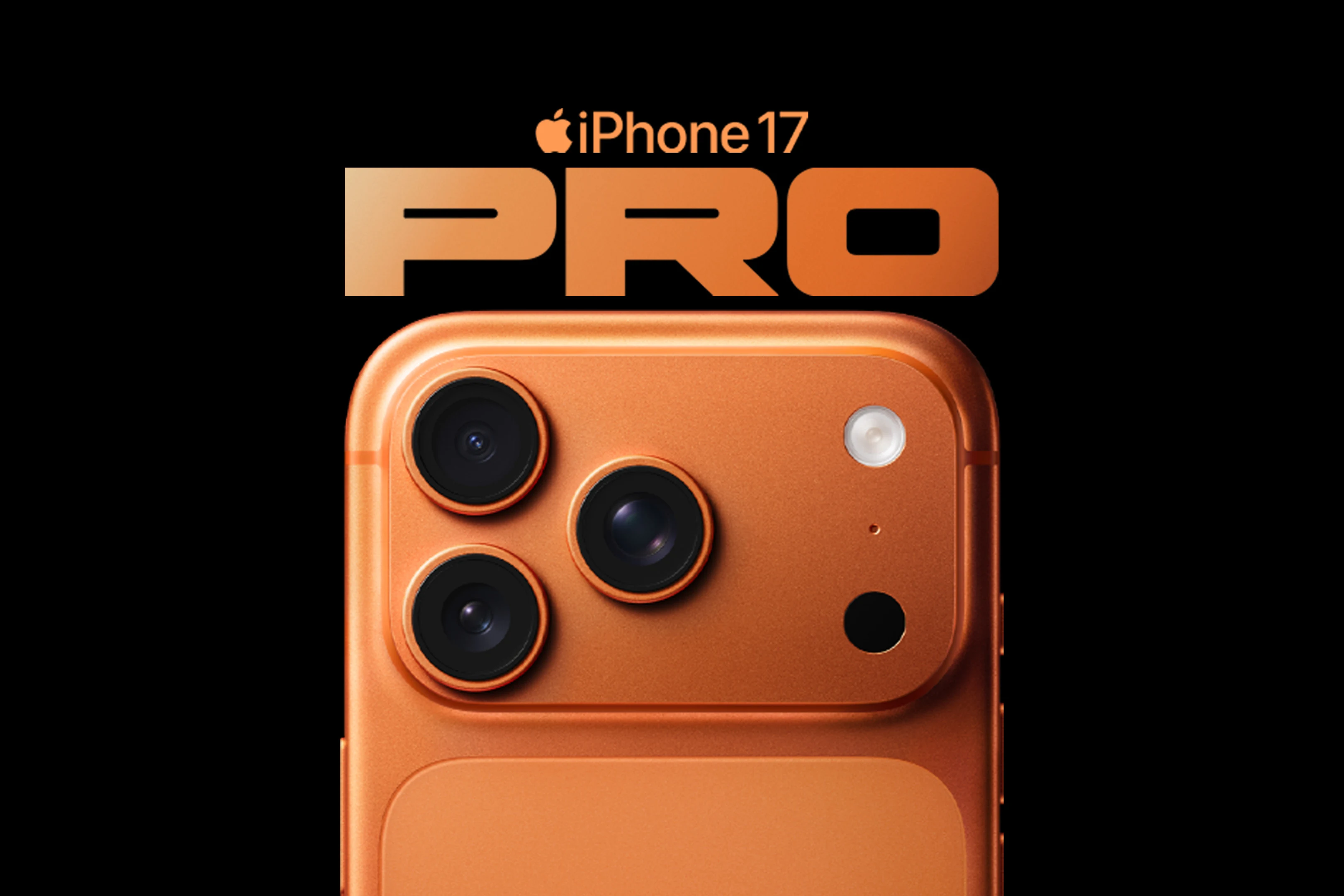 Orange iPhone 17 Pro med tre kameralinser och texten "iPhone 17 Pro" ovanpå, mot en svart bakgrund.