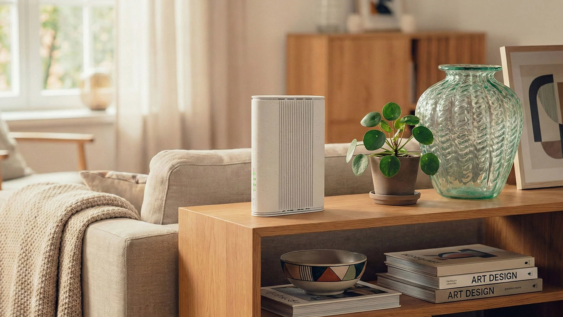 Router på träbord med växt och glasvas i ett ljust vardagsrum. Soffa och fönster i bakgrunden.