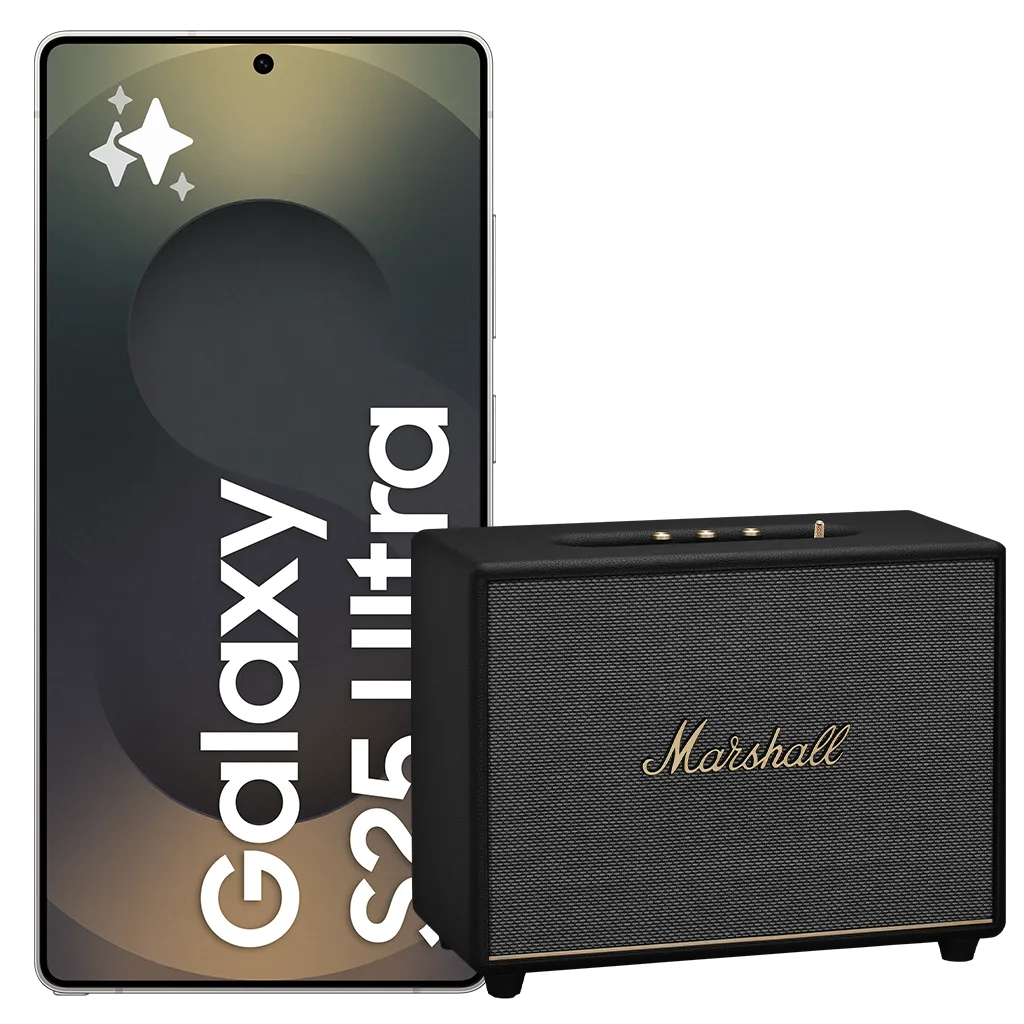 En Samsung Galaxy S25 Ultra smartphone står bredvid en svart Marshall-högtalare med gulddetaljer.