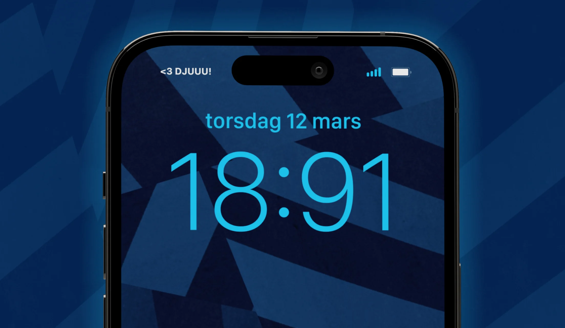 Närbild av en mobilskärm med blå bakgrund, datumet torsdag 12 mars och tiden 18:91 i stora siffror.
