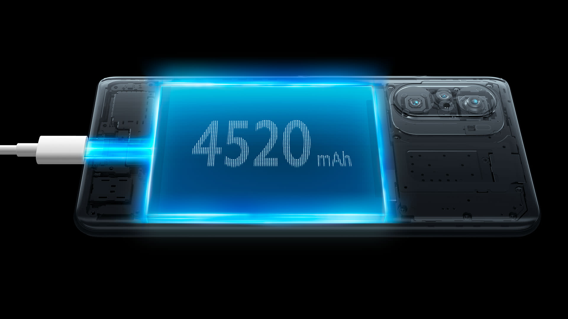 Bild på batteriet i nya Xiaomi Mi 11i som ligger på 4520 mAh i svart. Den håller på att laddas. 