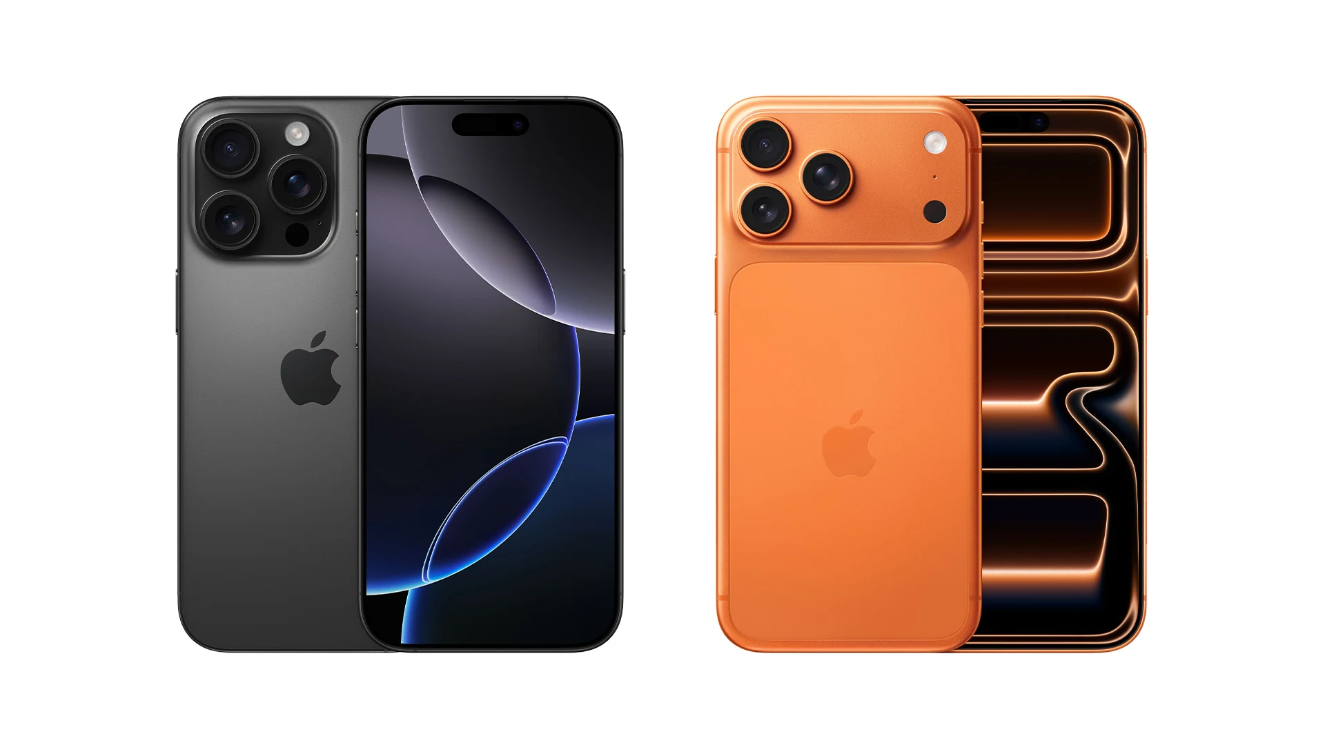 Två Iphones, en orange och en svart, med tre kameralinser vardera. Den orangea har en abstrakt bakgrund.