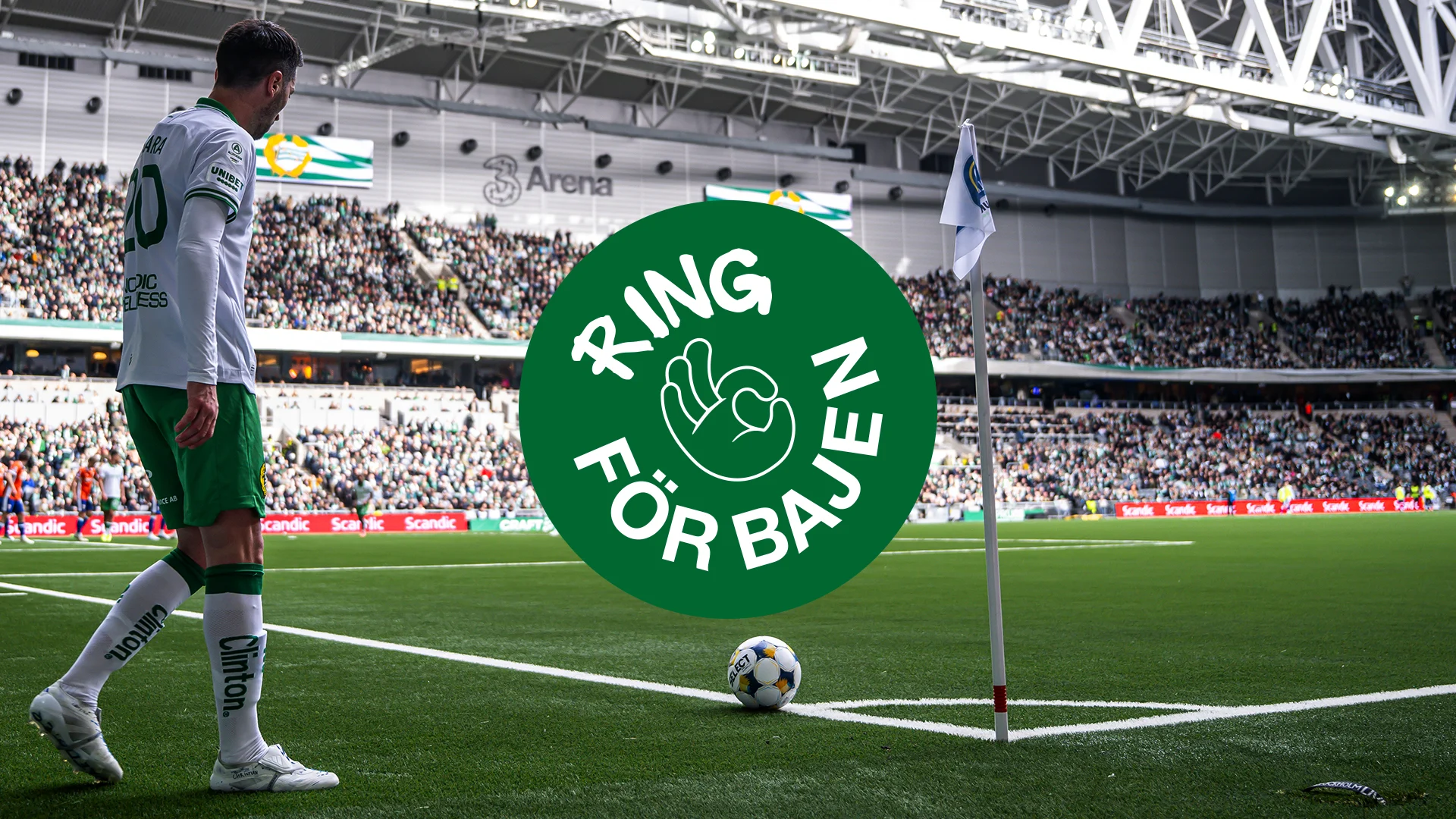 Hammarbyspelare vid hörnflaggan på 3Arena, med texten "Ring för Bajen" i förgrunden.