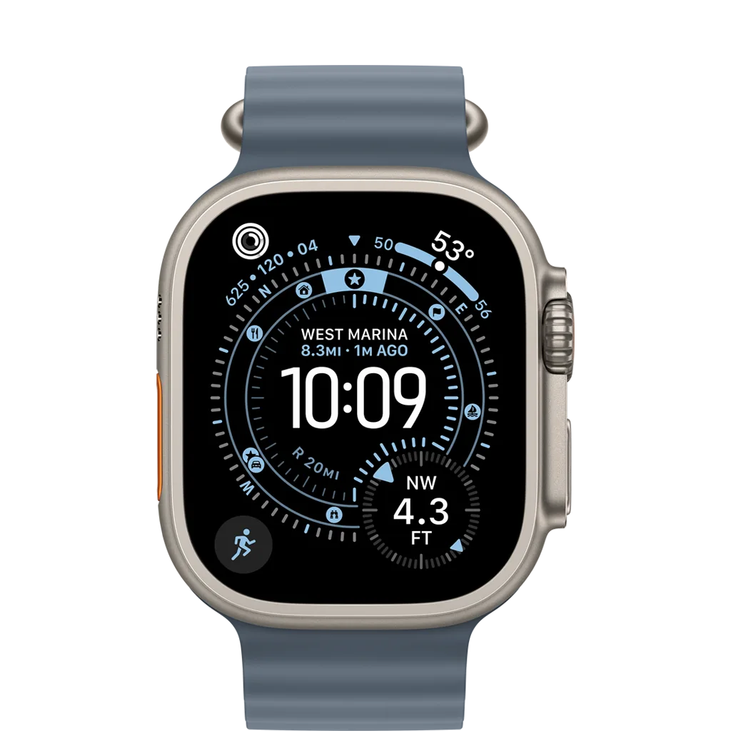 Smartklocka med blått armband visar tid 10:09, kompass, temperatur 53°F och platsinformation.