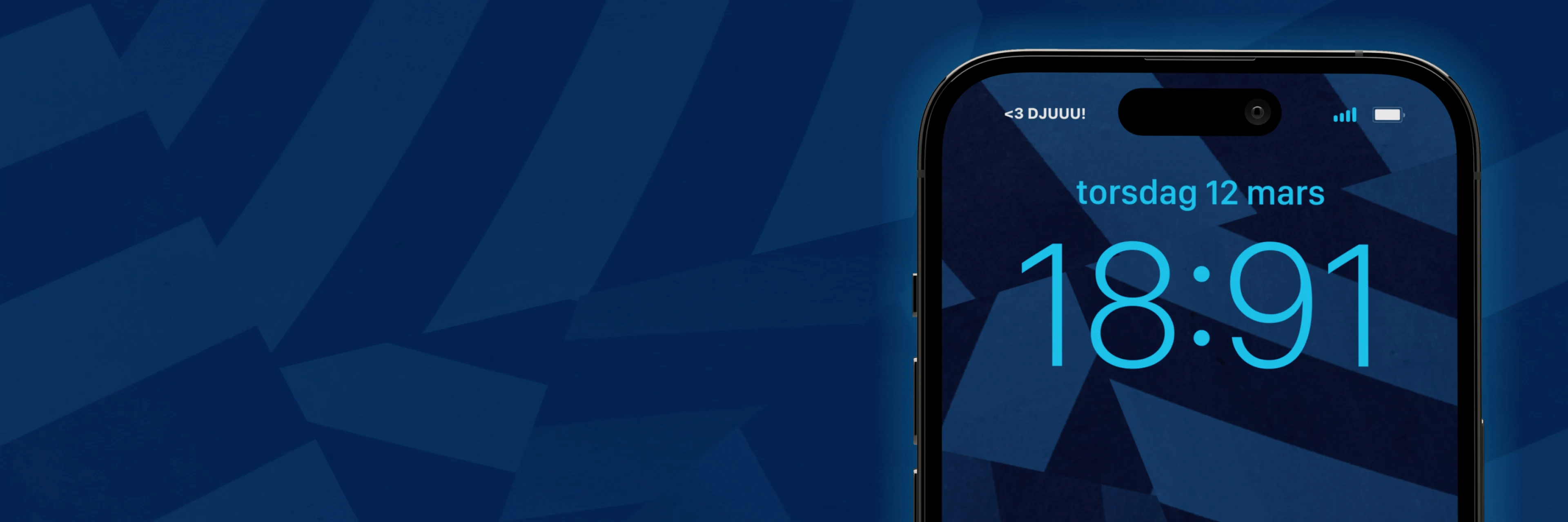 Närbild av en smartphone med blå bakgrund, visar datumet torsdag 12 mars och tiden 18:91 på skärmen.