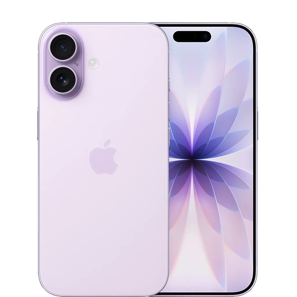 Lila Iphone17 med två kameror på baksidan och en blommönstrad skärm.