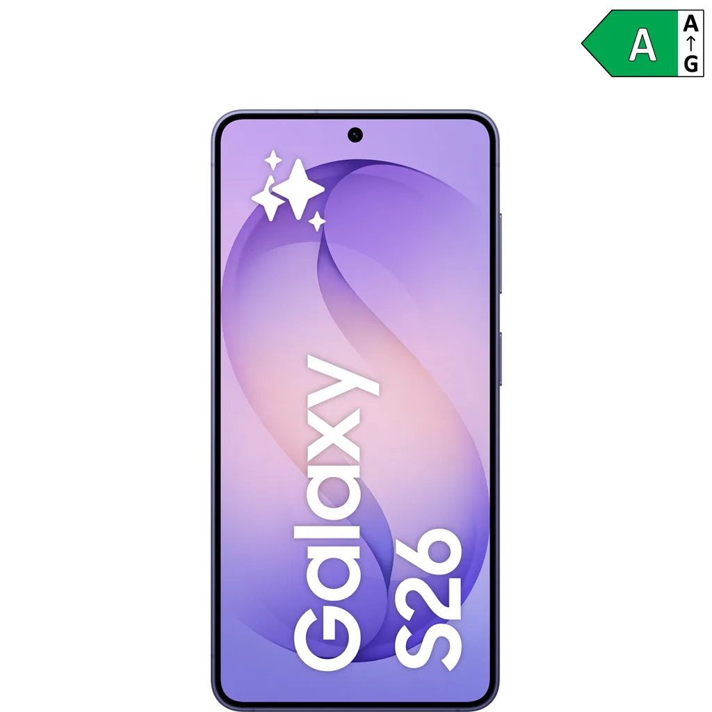 S26 med lila skärm, texten "Galaxy S26" och stjärnor i hörnet. Energimärkning A visas i övre högra hörnet.
