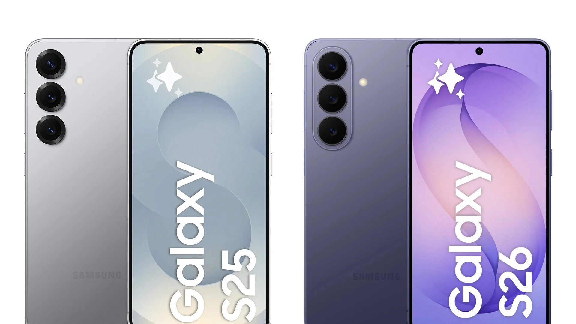 Galaxy S25 i silver och Galaxy S26 i lila, med tre kameror och skärmar med stjärnmönster.