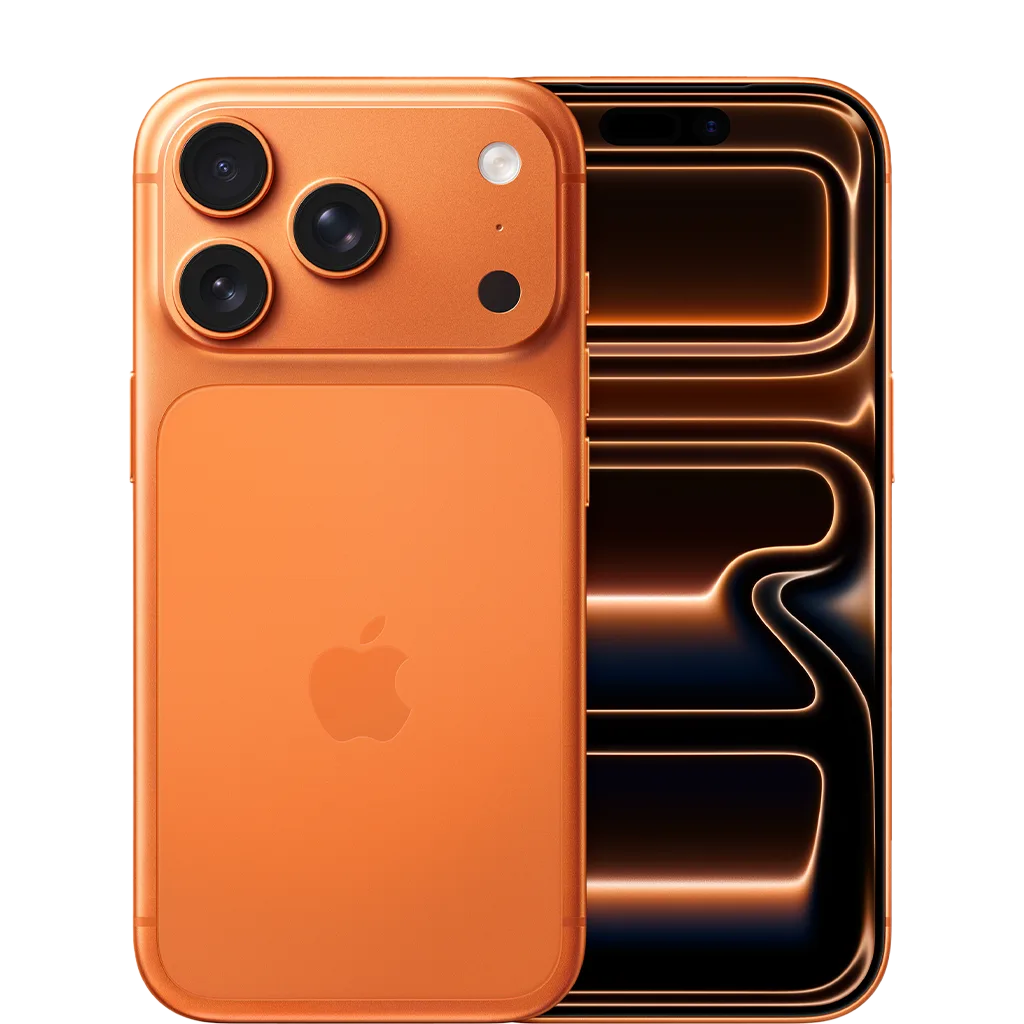 Orangefärgad Iphone17Pro med tre kameralinser och en skärm med abstrakt mönster i svart och orange.