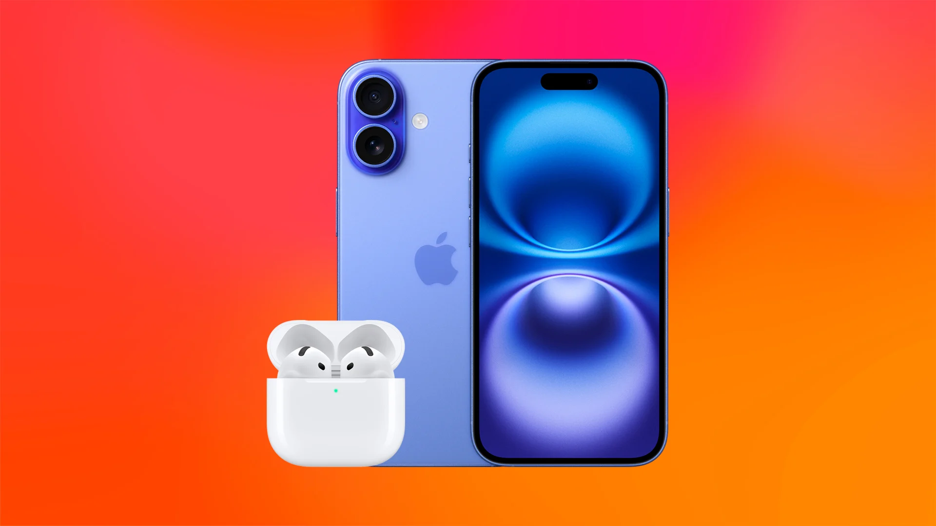 Blå iPhone 16 och vita trådlösa hörlurar på en orange bakgrund.