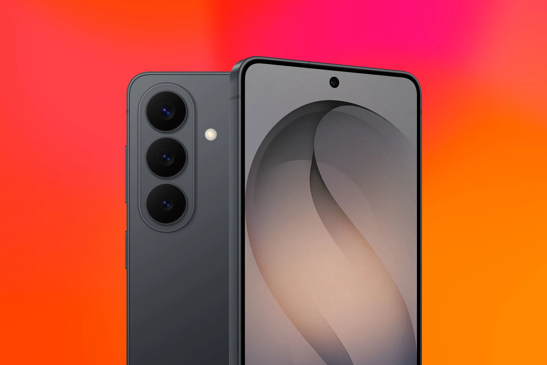 Galaxy S26 med trippelkamera mot röd bakgrund