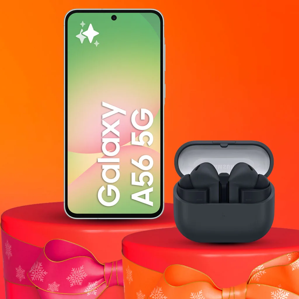 Smartphone och hörlurar på röda presentaskar med orange bakgrund. Texten "Galaxy A56 5G" visas på skärmen.