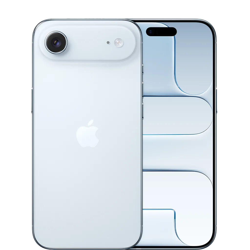Blå Iphone Air med Apple-logotyp, bakre kamera och skärm med abstrakt blått mönster.