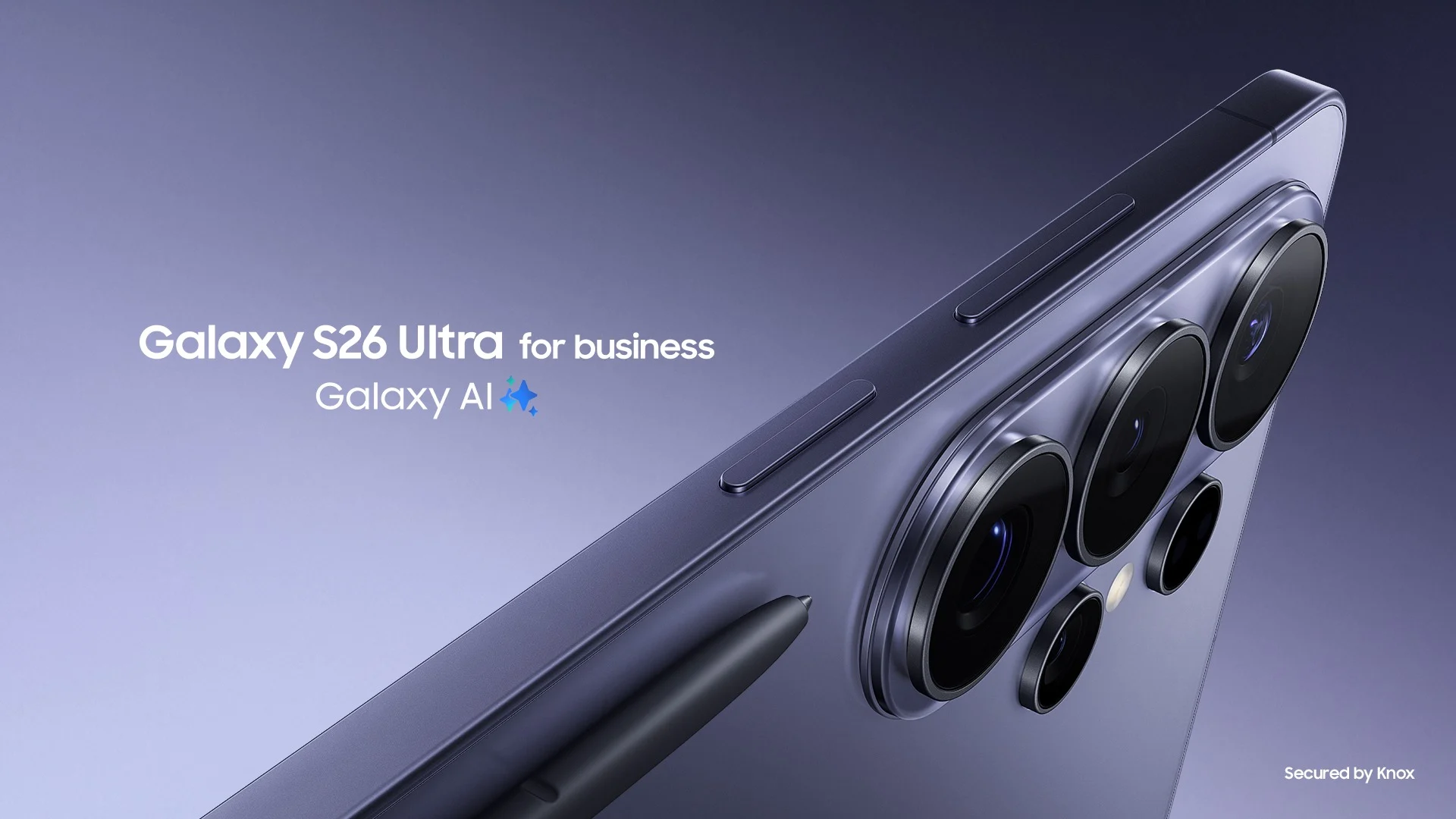 Smartphone Galaxy S26 Ultra i lila med flera kameror och texten "Galaxy S26 Ultra for business, Galaxy AI".