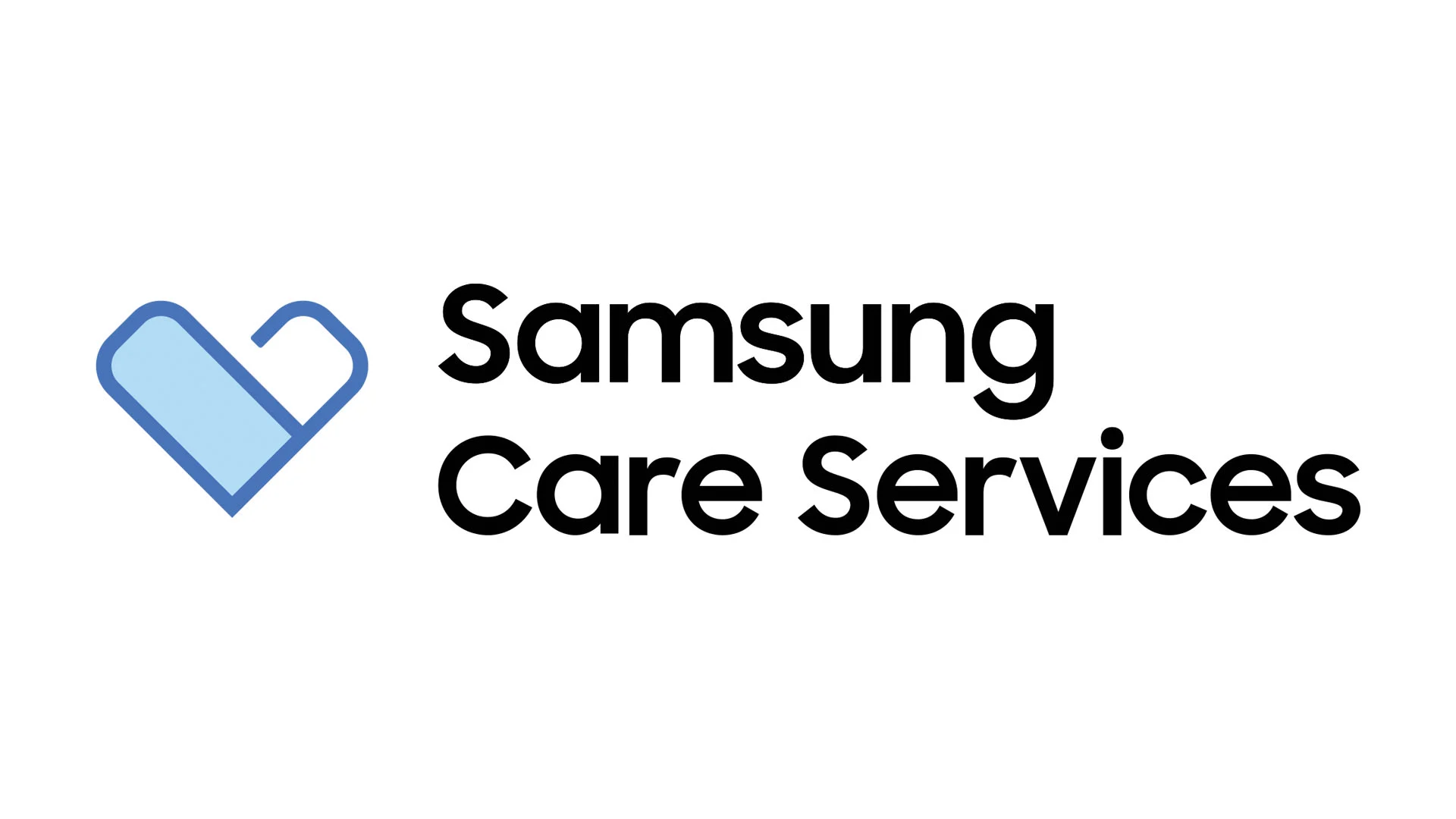 Samsung Care Services logotyp med blått hjärta och svart text på vit bakgrund.