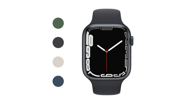 Apple watch series 7 med färgerna svart, grön, vit