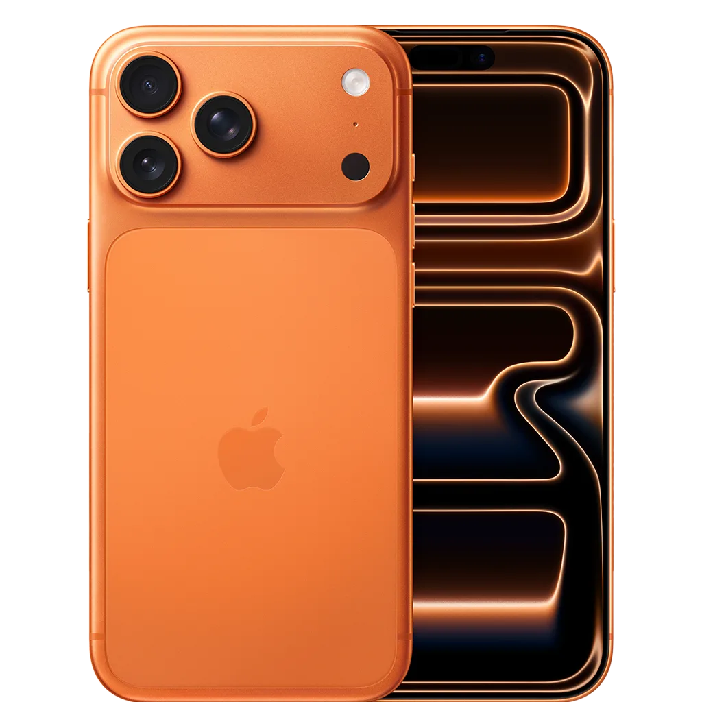 Orange Iphone17Pro Maxmed tre kameralinser och en skärm med abstrakt mönster i bakgrunden.