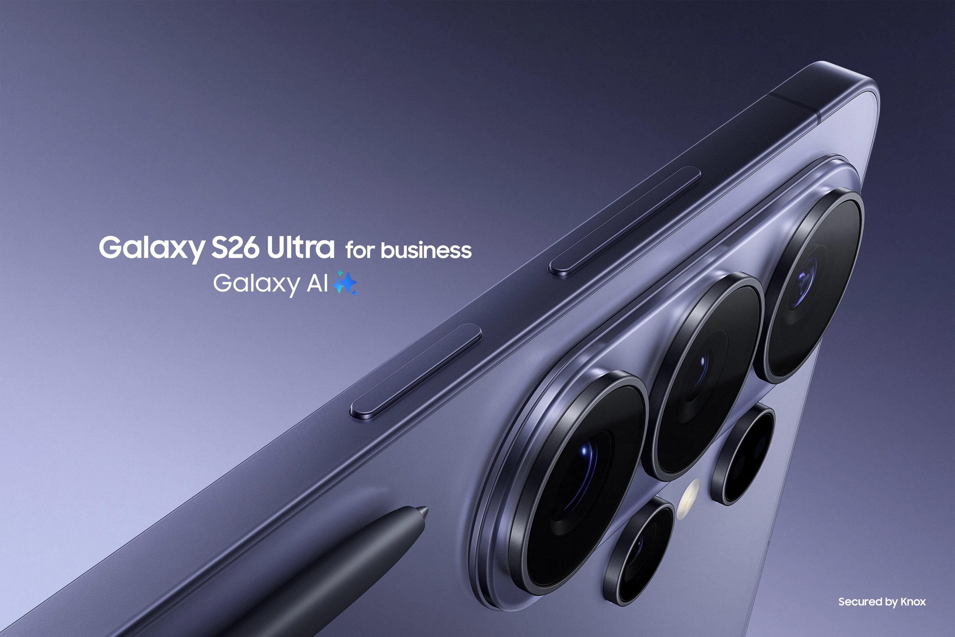 Smartphone Galaxy S26 Ultra i lila med flera kameror och texten "Galaxy S26 Ultra for business" på en mörk bakgrund.