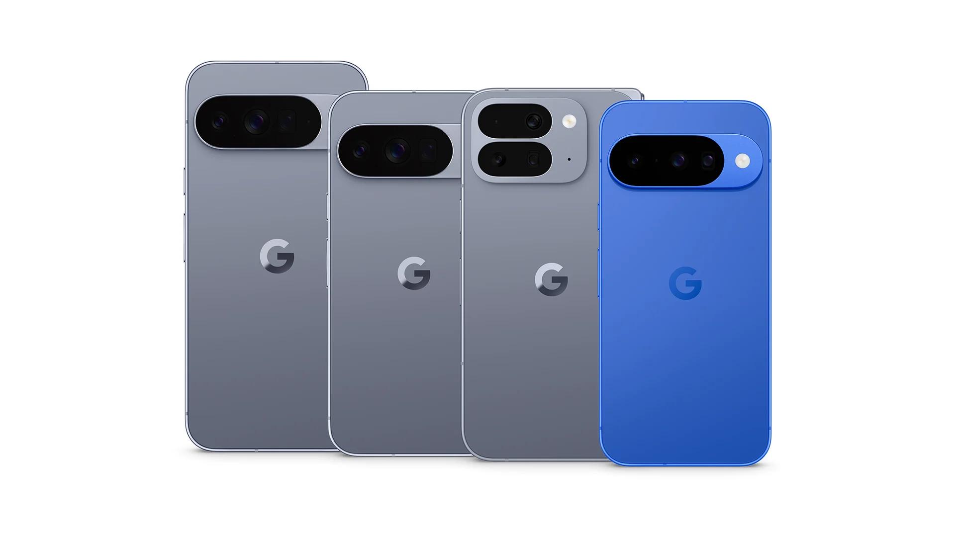 Fyra Google Pixel 10-mobiler i olika storlekar och färger, tre grå och en blå, med kameror och Google-logotypen på baksidan.