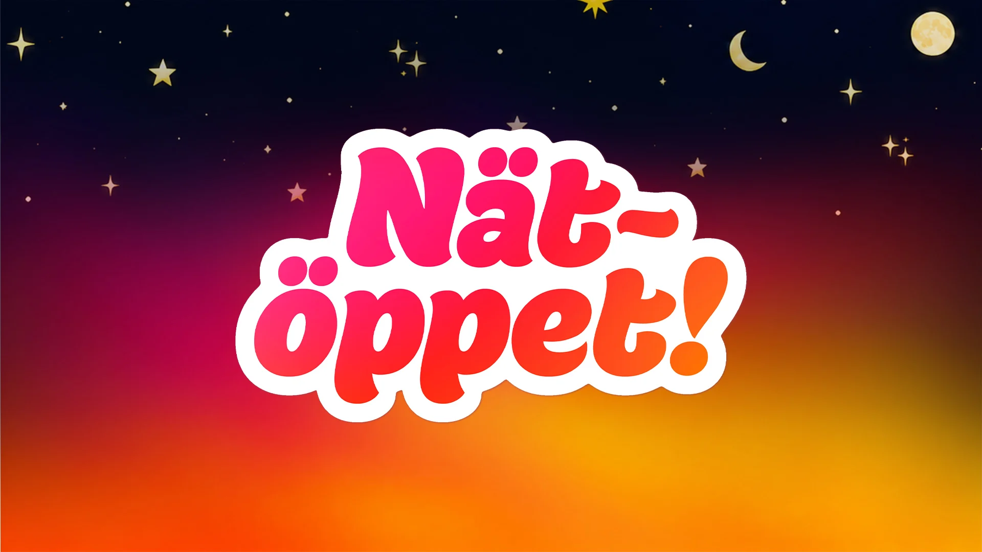 Texten "Nät-öppet!" mot stjärnhimmel och måne