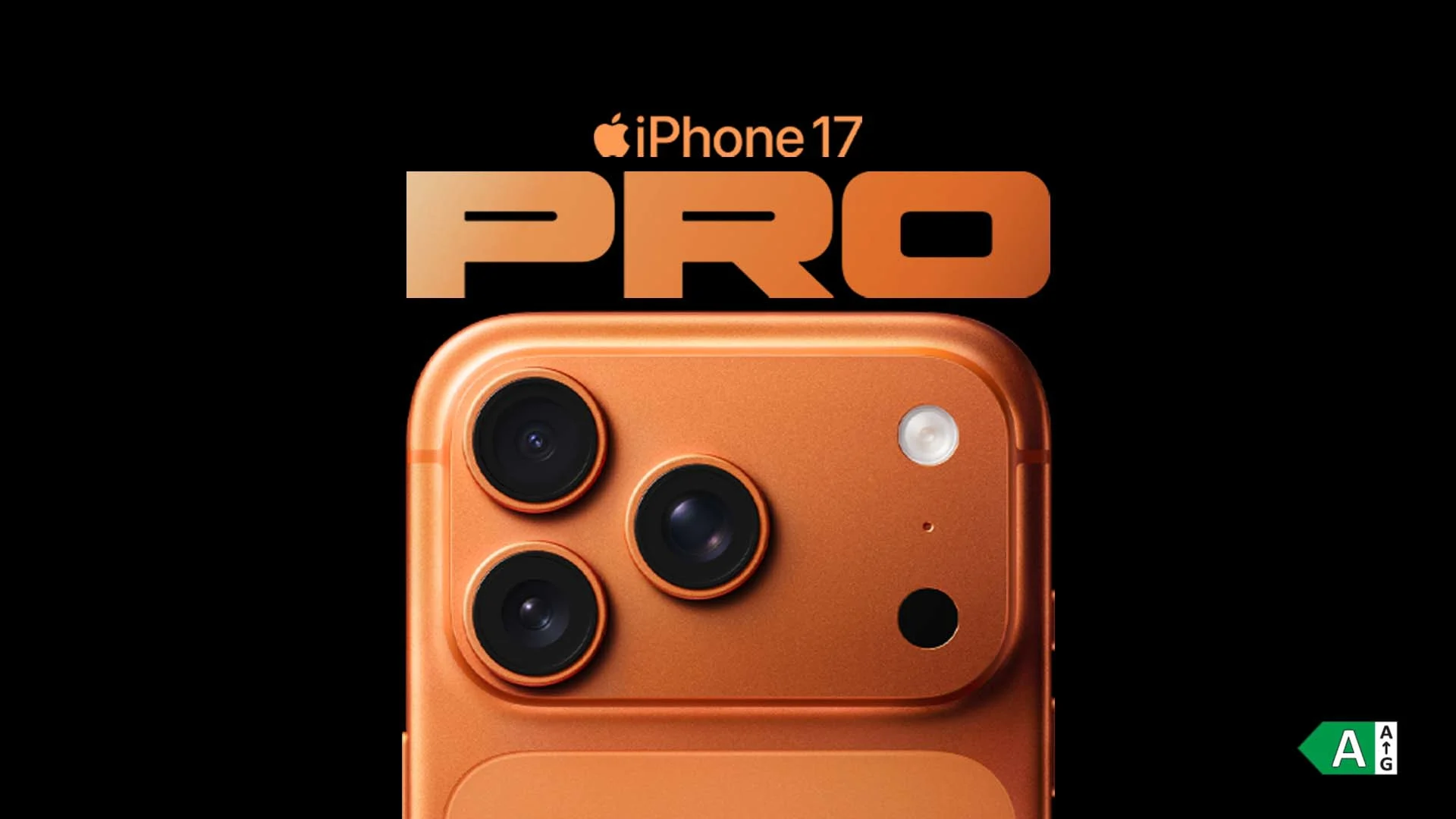 Orange iPhone 17 Pro med tre kameralinser mot svart bakgrund, texten "iPhone 17 Pro" ovanför.