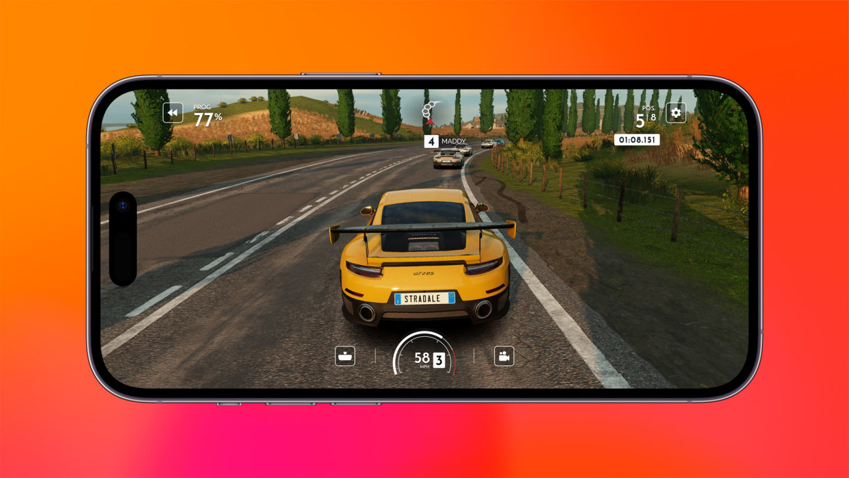 En mobil som visar en bild från ett bilspel.