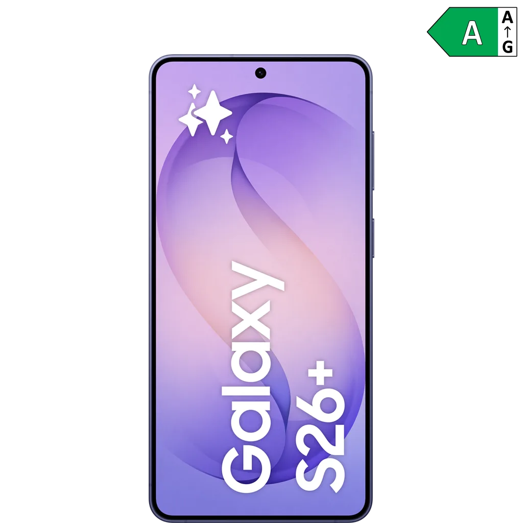 Smartphone med lila skärm, texten "Galaxy S26+" och stjärnor i hörnet. Energimärkning A i övre hörnet.