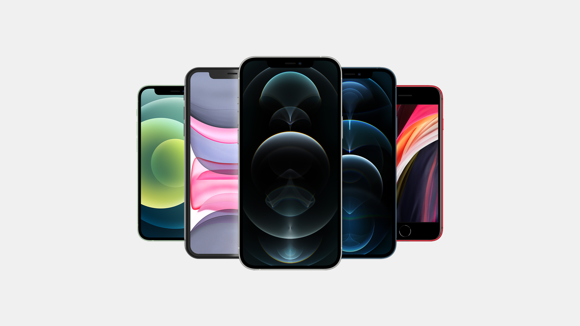 Olika iPhone med bland annat iPhone 12 och iPhone SE i olika färger