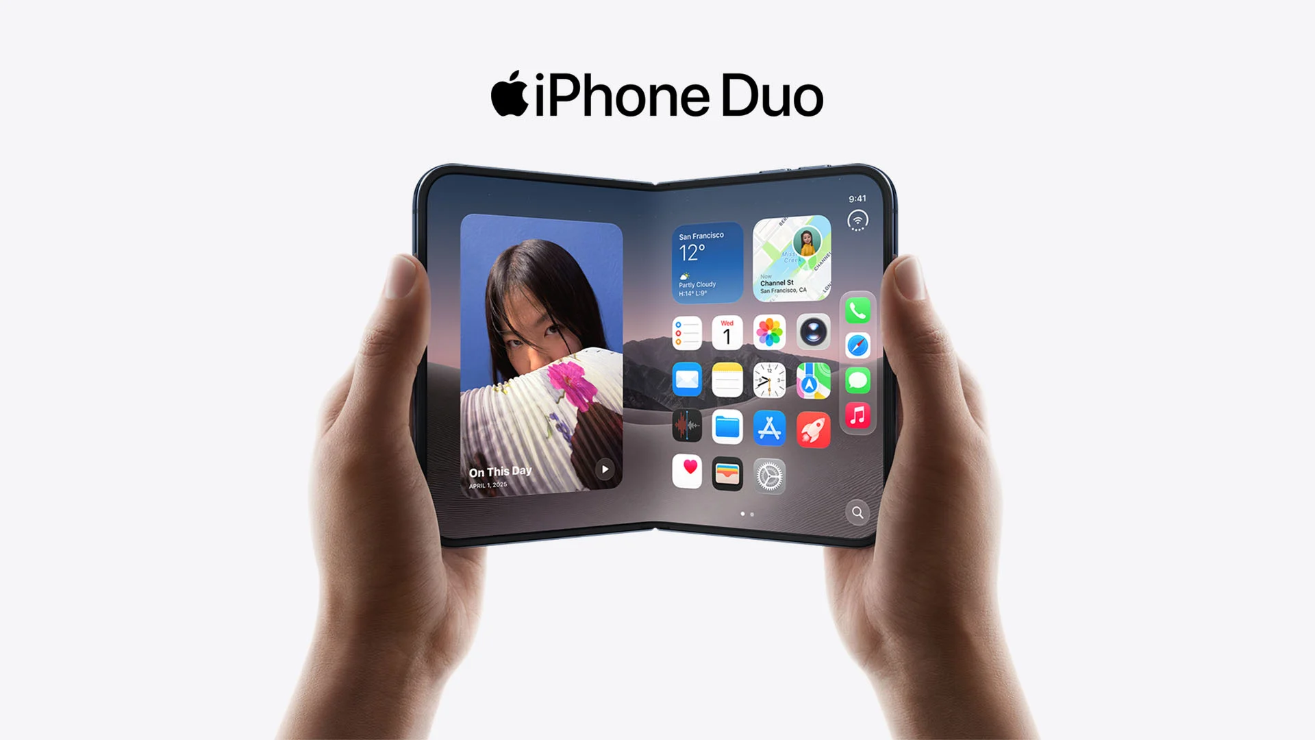 Händer håller vikbar iPhone med appar på skärmen