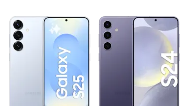 Två mobiler bredvid varandra - närmare bestämt modellerna Galaxy S25 och S24
