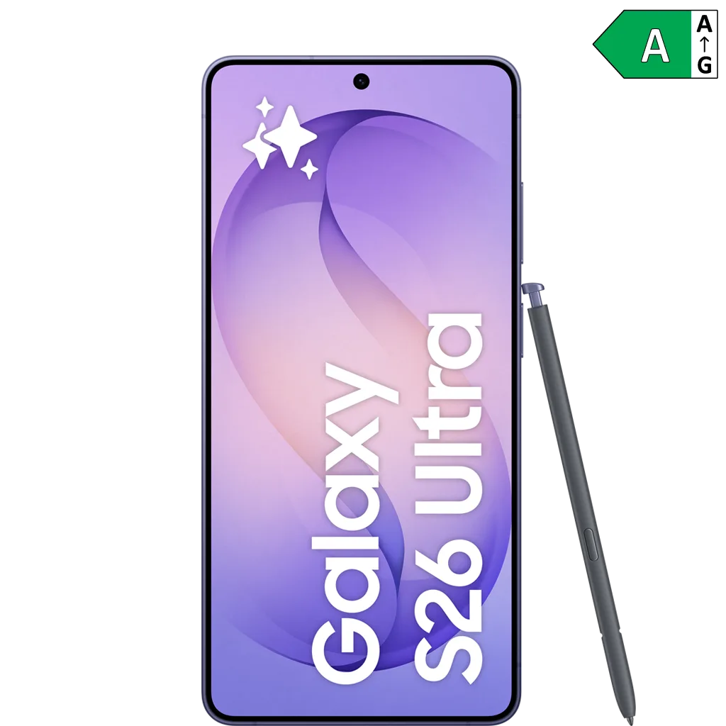 Smartphone med lila skärm, text "Galaxy S26 Ultra" och en svart penna bredvid.