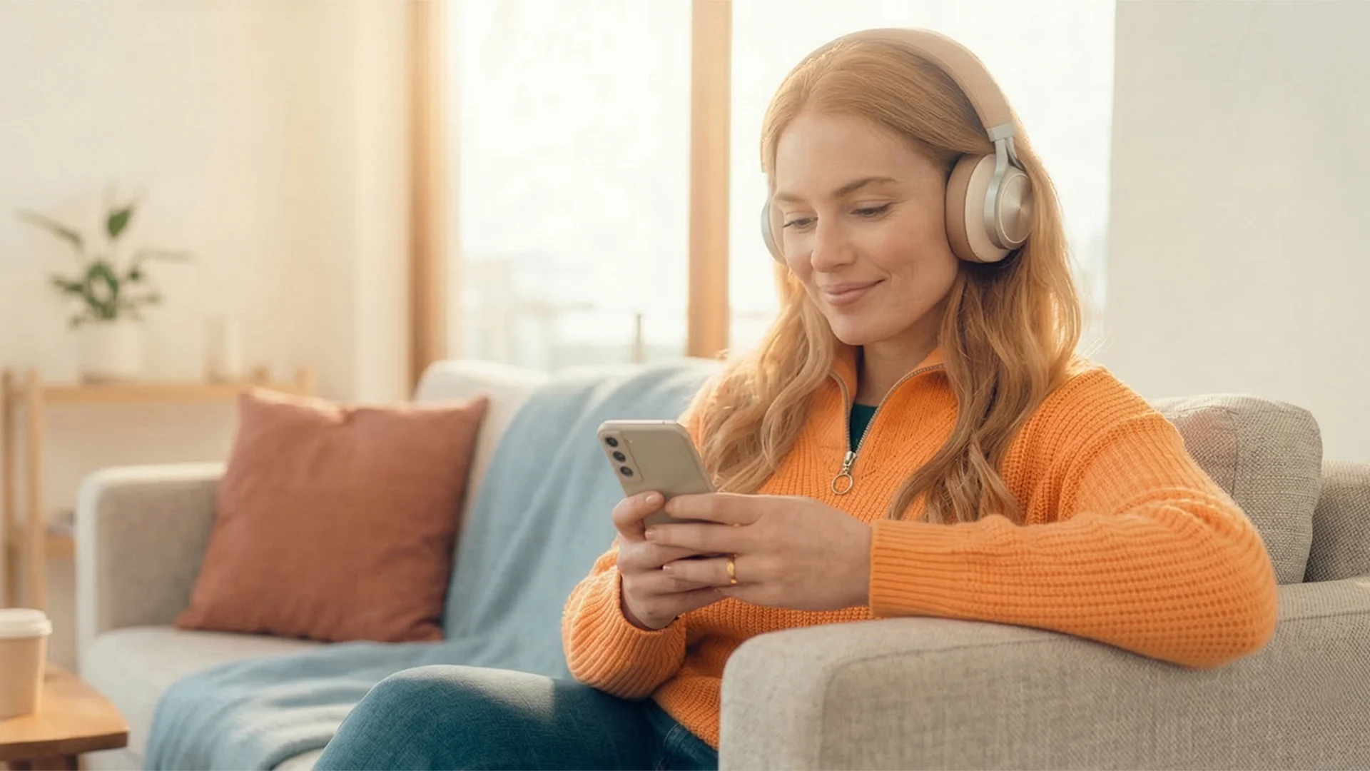 Kvinna i orange tröja med hörlurar sitter på soffa och tittar på sin mobil. Ett bord med kaffekopp syns i förgrunden.