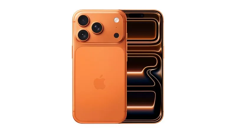 Orange iPhone med tre kameralinser och en skärm som visar abstrakta ljusmönster i svart och orange.
