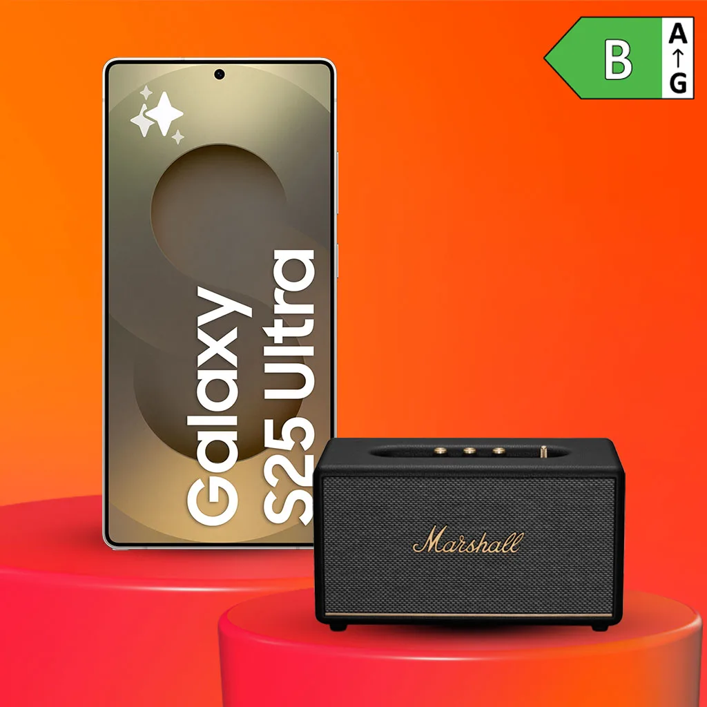 Smartphone Galaxy S25 Ultra och svart Marshall-högtalare på röd-orange bakgrund.