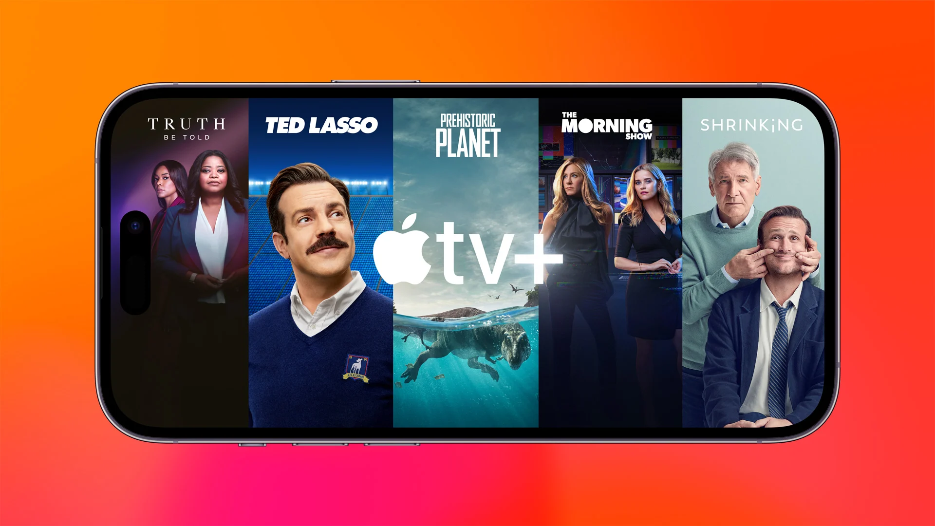 En mobil som visar olika serier från Apple tv plus