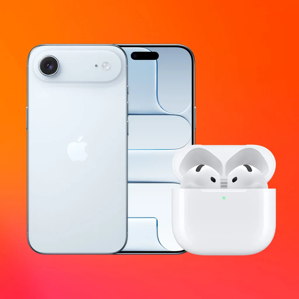 Två smartphones och ett par trådlösa hörlurar i ett vitt fodral mot en orange bakgrund.