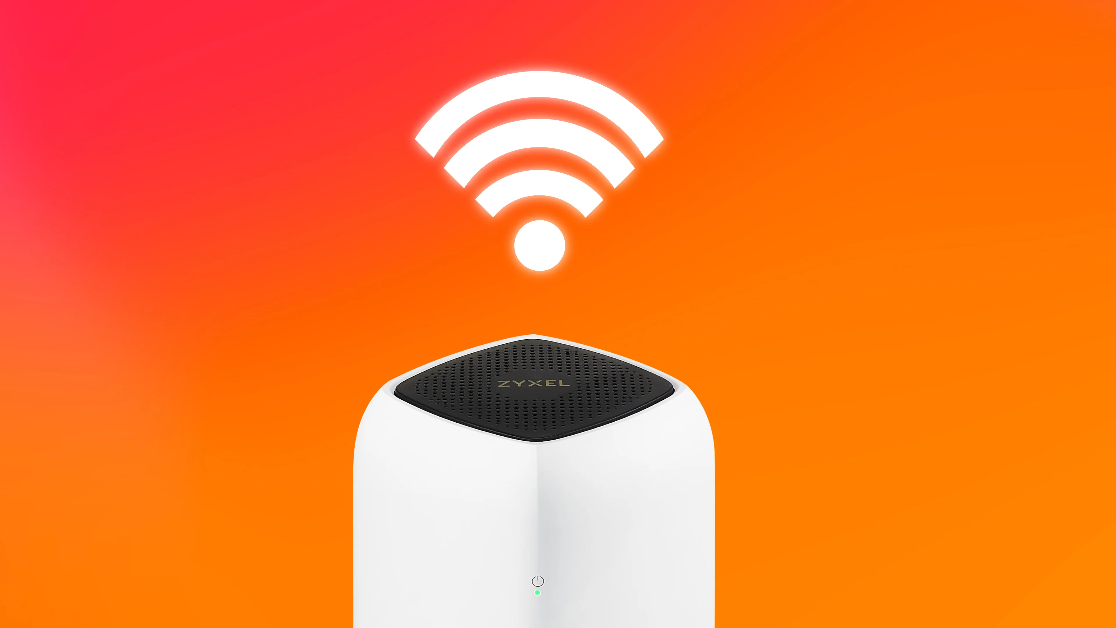 En router med wifi-symbol ovanför mot en orange-röd bakgrund.