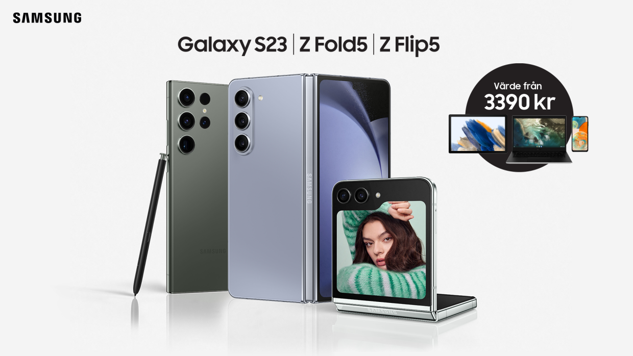 Samsung galaxy S23-serien och Z Fold5.