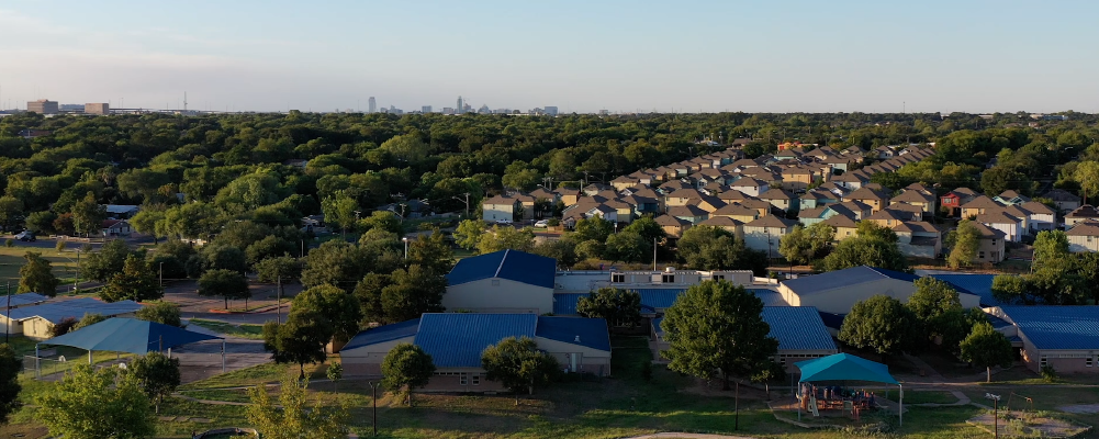Aerial shot of the Dove Springs neighborhood in Austin, TX