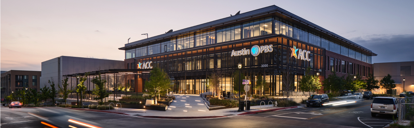 Austin PBS building exterior at night.