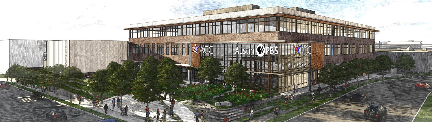 A rendering of the forthcoming Austin PBS facilities at Austin Community College Highland Campus..