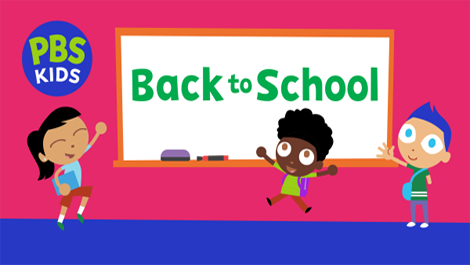 PBS KIDS characters around white board that says "Back to School" including the PBS KIDS logo
