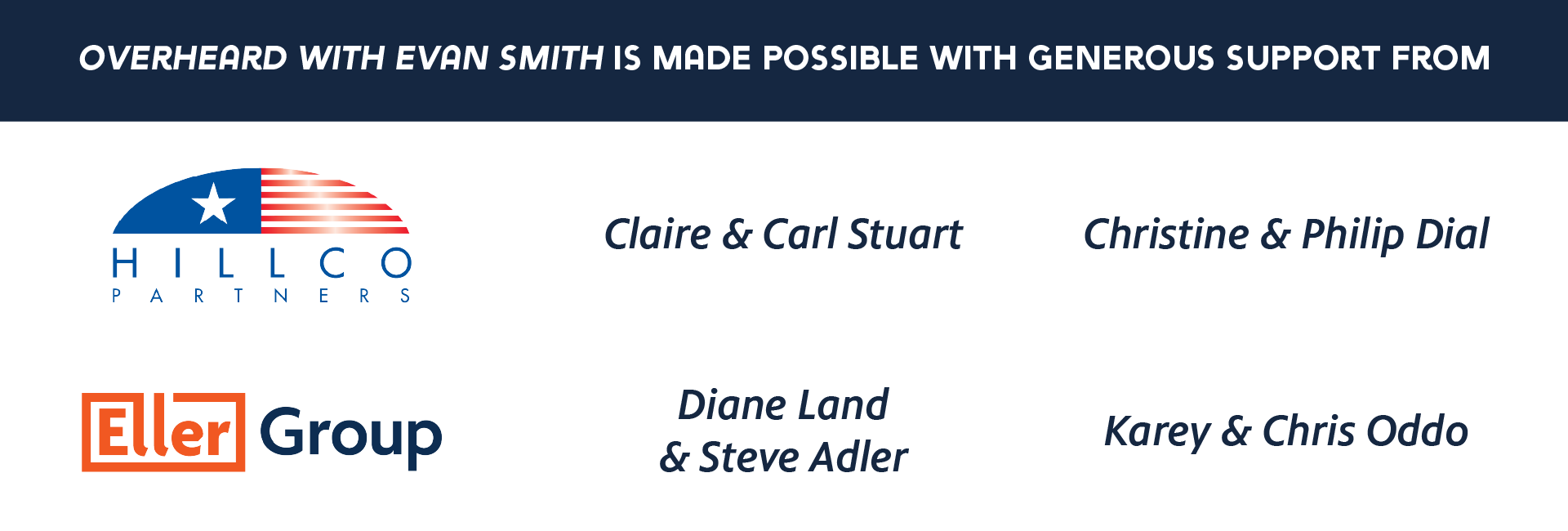 Overheard with Evan Smith is made possible with generous support from: HillCo partners, Eller group, Claire and Carl Stuart, Christine and Philip Dial, Diane Land and Steve Adler, Karey and Chris Oddo