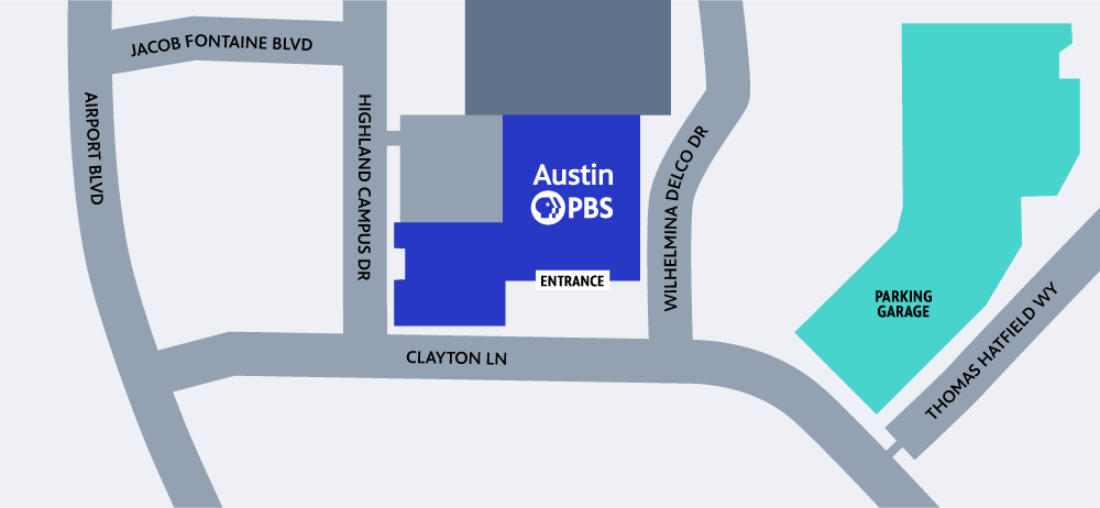 Map depicting the Austin PBS at 6101 Highland Campus Dr Building 3000, Austin, TX 78752 the building is on the corner of Clayton Lane and Wilhelmina Delco Dr.  ADA parking is available in the parking garage..