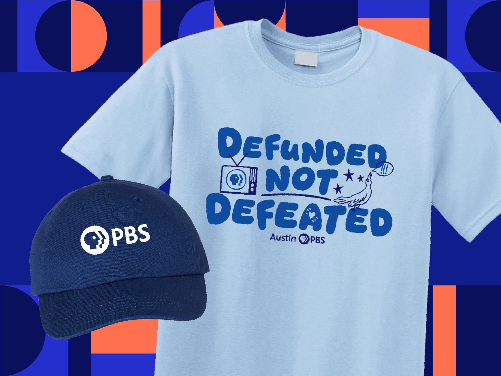 Image of Membership Kit featuring the "Defunded not Defeated" motto and the PBS logo hat for the Austin PBS Pre-Pledge Membership Drive 2025