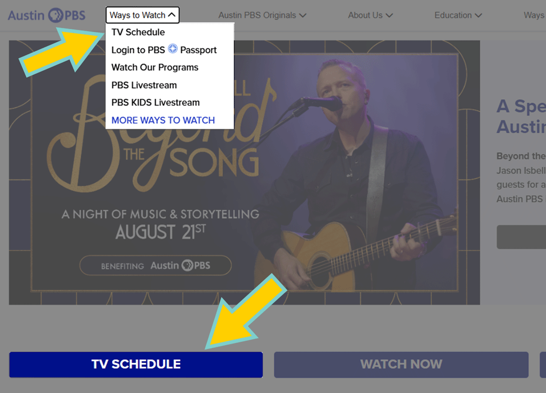 Arrows point at the nav bar, ways to give menu and the TV schedule button